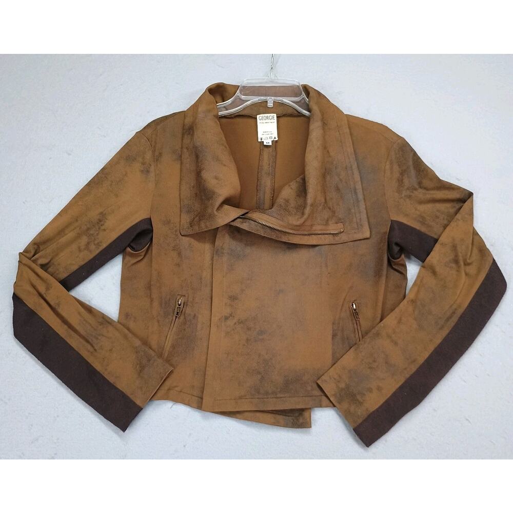 Georgie Sz Med. Brown Distressed Faux Leather Moto Jacket Collar Bikercore - Picture 1 of 10